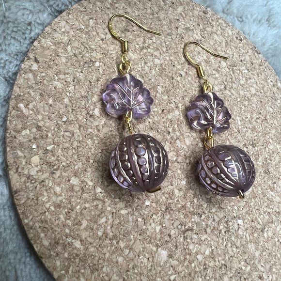 Purple Beaded Dangle Earrings - Picture 3 of 3